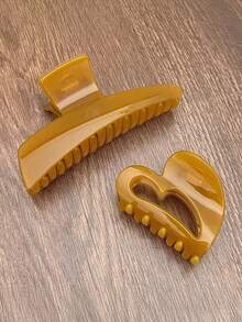 2pcs/1pc Women's Mustard One-Piece & Heart-Shaped Hair Clips, Fashionable Hair Claw Barrettes, Elegant Minimalist Solid Color Hair Claws Suitable For Daily, Casual, Party, Beach, Vacation, Hairstyling, Washing Hair, Makeup, Outfit Accessories, Autumn/Winter/Spring/Summer Women Claw Clip - Multicolor - View 8