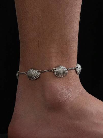 1 件金属银色贝壳装饰沙滩脚链，简约时尚男士款