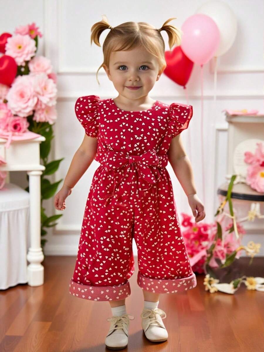 女童时尚爱心印花荷叶边下摆无袖连体裤+腰带