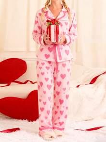 Women's Valentine's Day Pajamas Cute Heart Printed Bow Tie Long Sleeve Tops With Pants 2Pcs Sleepwear - Hồng - Xem 3