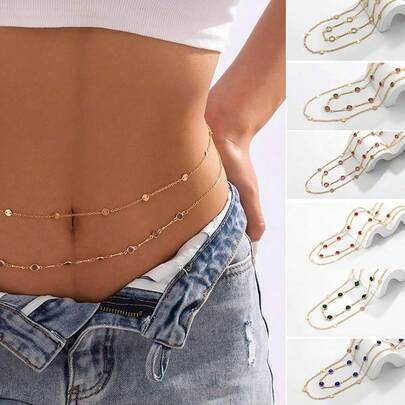1PC Fashion New Style Inlaid Color Artificial Zirconia Sparkle Double Layer Waist Chain For Women, Simple And Versatile, Sexy Body Chain