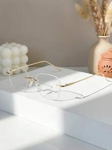 男士金属无框多边形优雅休闲学院风无度数眼镜，适合日常通勤和大学图书馆使用 - 金白平 - 查看 1