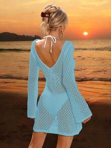 Áo khoác ngoài bikini tay dài khoét eo dành cho nữ, phong cách nghỉ dưỡng bãi biển Bohemian thanh lịch, cổ chữ V, dáng váy mỏng, thích hợp cho kỳ nghỉ hè. - Màu xanh bạc hà - Xem 3