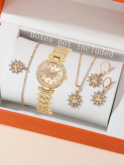 5pcs Women's Quartz Watch, Bracelet, Necklace, Earrings Jewelry Set, Elegant Butterfly Pattern Minimalist Dial, Suitable For Daily Wear, Party Decoration Or Gift For Mother And Friends