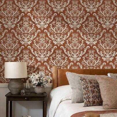 1 Roll European Retro Red Vinyl Self-Adhesive Wallpaper, Fashionable & Elegant Style, PET Seamless Peelable Contact Paper, Waterproof & Moisture-Proof Wall Protector Film, Easy To Apply & Remove, Durable, Suitable For Kitchen, Dining Room, Bedroom, Living Room, TV Wall, Cabinet & Furniture Renovation, Rental Decoration, Straight Match, 17.32x118.11/196.85/393.7 Inches