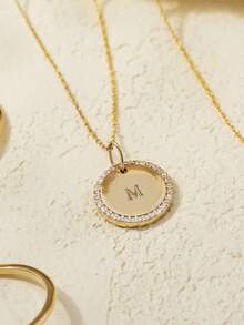 1pc Customized Gold Diamond Disc Necklace, Coin Necklace, Personalized Letter Pendant Necklace, Gift For Her - Gold - View 5