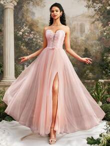 VIPGIRL Đầm dạ hội màu hồng thanh lịch không dây vai, chất liệu lưới, với phần thân áo ôm sát đính hạt, chân váy voan mỏng bồng bềnh, dài đến sàn, đầm dạ hội dành cho nữ, đầm dự tiệc. - Bụi hồng - Xem 6