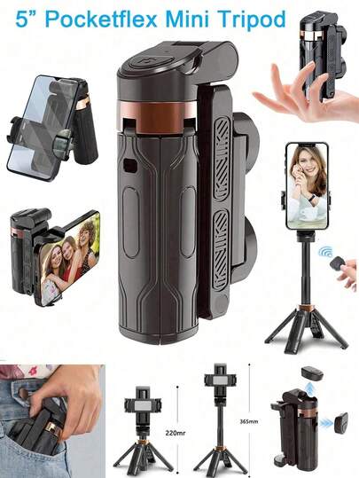Pocketflex Mini Tripod, Aluminum Alloy 360° Flexible Rotation Selfie Stick Tripod, One-Key Switch 3-In-1 Phone Tripod With Retractable Handle, Detachable Remote, Pocket-Sized Ultimate Travel Photography Gear, Suitable For Summer Vacation, Travel, Outdoor Activities, Live Streaming, Stable Recording