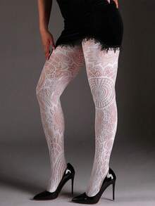 1pc Retro Tattoo Sexy Black Hollow Pattern Jacquard Stirrup Tights, Fishnet Pantyhose For Women - Multicolor - View 8