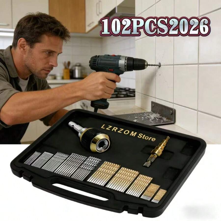 102pcs Titanium Coated High Speed Steel Drill Bit Set, Includes Step Drill Bits, 60mm Hex Shank Quick Change Drill Chuck Adapter, Multi-Functional Tool For Home, Woodworking And DIY Projects