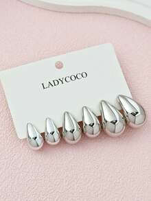LADYCOCO 3對組優雅銀色亮面水滴耳釘，適合女性 - 銀色A - 查看 7