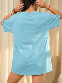 Maglietta casual da donna con vestibilità ampia e tinta unita, spalle scoperte, versatile per uso quotidiano, vacanze e pendolarismo, adatta per l'estate - celeste - Visualizzare 2