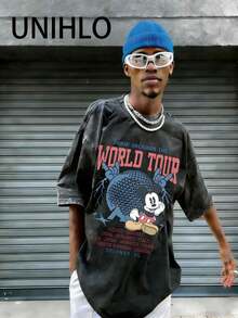 Disney UNIHLO   Mickey   Printed Summer Heavyweight Retro Washed Street Fashion Casual T-Shirt - Black - View 2