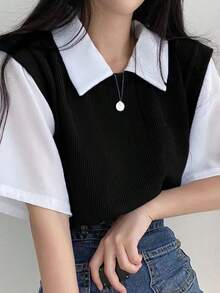 Camiseta de manga corta con cuello polo y dos piezas para mujer, de colores contrastantes, corte holgado, informal y versátil. - Negro - Ver 3