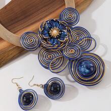 1 Set Exaggerated Multi-Layer Handmade Heavy Aluminum Wire Woven Resin Chain Bohemian European Middle Eastern European Korean Version Evening Party Holiday Beautiful Lady Artificial Crystal Alloy Flower Necklace Earrings - Royal Blue - View 5