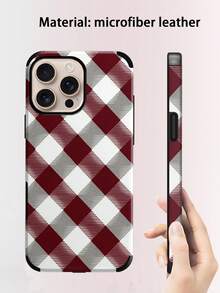 复古苏格兰红色格子图案印花手机壳，防震防尘，彩色印花图案，皮革粘贴工艺，扬声器孔设计，音效增强，兼容 17/16/15/14/13/12/11，Galaxy S22/23/24。圣诞快乐，节日快乐！格子图案超细纤维PU材质 - 酒紅 - 查看 6