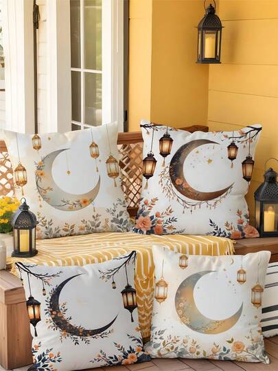 2件/4件套斋月涤纶枕套，月亮星星蜡烛印花涤纶枕套，家居装饰，卧室装饰，沙发装饰，节日礼物（不含枕芯）