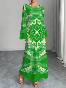 Solessence 中东风情女士长袍，圆领，撞色花卉印花，宽松长袖荷叶边袖口，优雅，充满度假气息，适合假日、秋冬季节、休闲长裙、晚礼服等场合。 - 綠色 - 查看 5