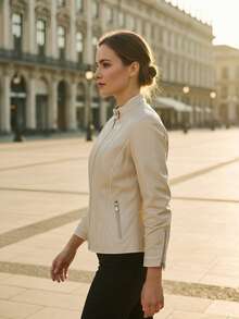 女士仿皮機車夾克，剪裁合身，時尚機車夾克，配有拉鍊口袋和袖子縫線，時尚外套，適合休閒和優雅的裝扮，是春季和秋季的永恆設計 - 香檳色 - 查看 3