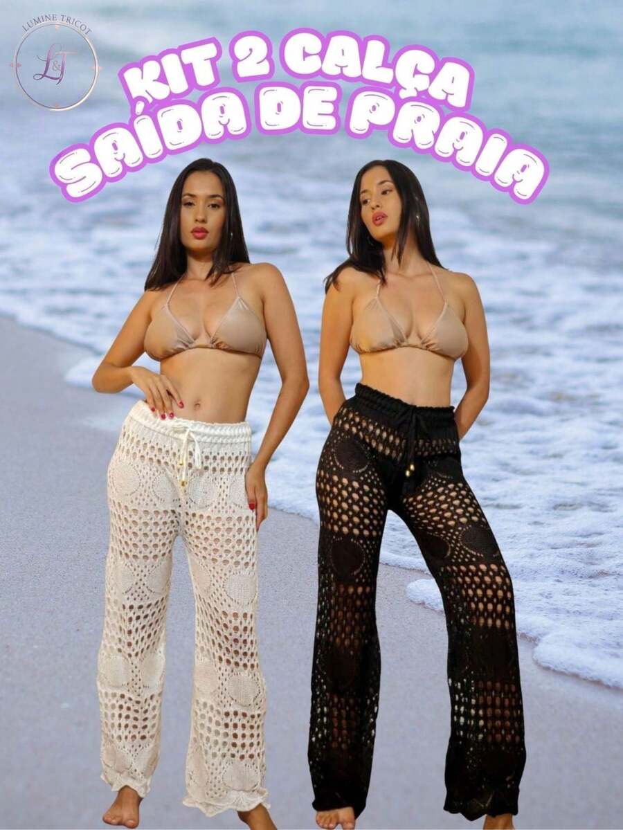 Kit 2 Calças Saída de Praia Tricot Crochê Pantalona Teladas Estilosa Moda Verão Confortavél