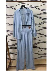Linen Shirt And Pants Set (2 Pieces), Lined With Elastic. - Celeste - Ver 1