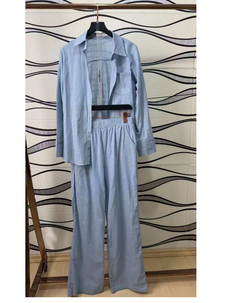 Linen Shirt And Pants Set (2 Pieces), Lined With Elastic. - Celeste - Ver 1