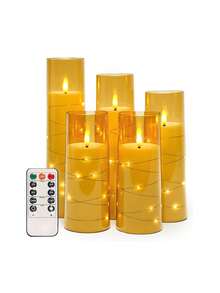 5pcs Set Of Flickering Flameless Candles With Star String Lights, Battery Operated Candles, Embedded LED Fairy Lights, Unbreakable Acrylic Candles With Remote Control, Suitable For Tabletop Centerpiece Decor For Christmas, Halloween, Wedding, Party, Holiday Atmosphere Lighting - Gold - View 12