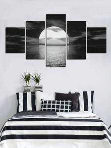 1/5件套月湖夜景帆布墙画，海洋满月帆布画，防水无异味，木框海报，馈赠亲友的理想礼物，房间装饰，可直接悬挂 - 黑色 - 查看 3