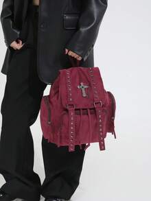 Y2K Streetwear Studded Flap Backpack For Women; Multifunctional Fashion Drawstring Shoulder Bag; Multi-Pocket Lightweight Travel Bag; Large Capacity Minimalist Student Backpack; Portable Backpack Suitable For Students, Nurses, Teachers, Business Professionals, Travel, Commuting, Shopping, Office, Dating, Hiking, Training, Work, Birthday Gift, Holiday Gift - Multicolor - View 9