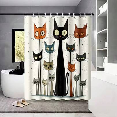 1pc Abstract Cute Cat Pattern Shower Curtain, Cat Head Print, Suitable For Bathroom Decor, General Room Decor, Home Decor Set, Bathroom Accessories Bathtub Curtain