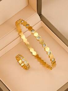 2pcs/Set Stainless Steel Bracelet & Ring Set, Elegant Geometric Design Metal Jewelry, Suitable For Daily Wear, Valentine's Gift, Party, Wedding - Gold - View 1