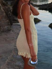 Women's Shiny Starfish Applique Sleeveless Suspender Tassel Edge Dress Knitted Suspender Dress Suitable For The Seaside - 淡黃色 - 查看 4