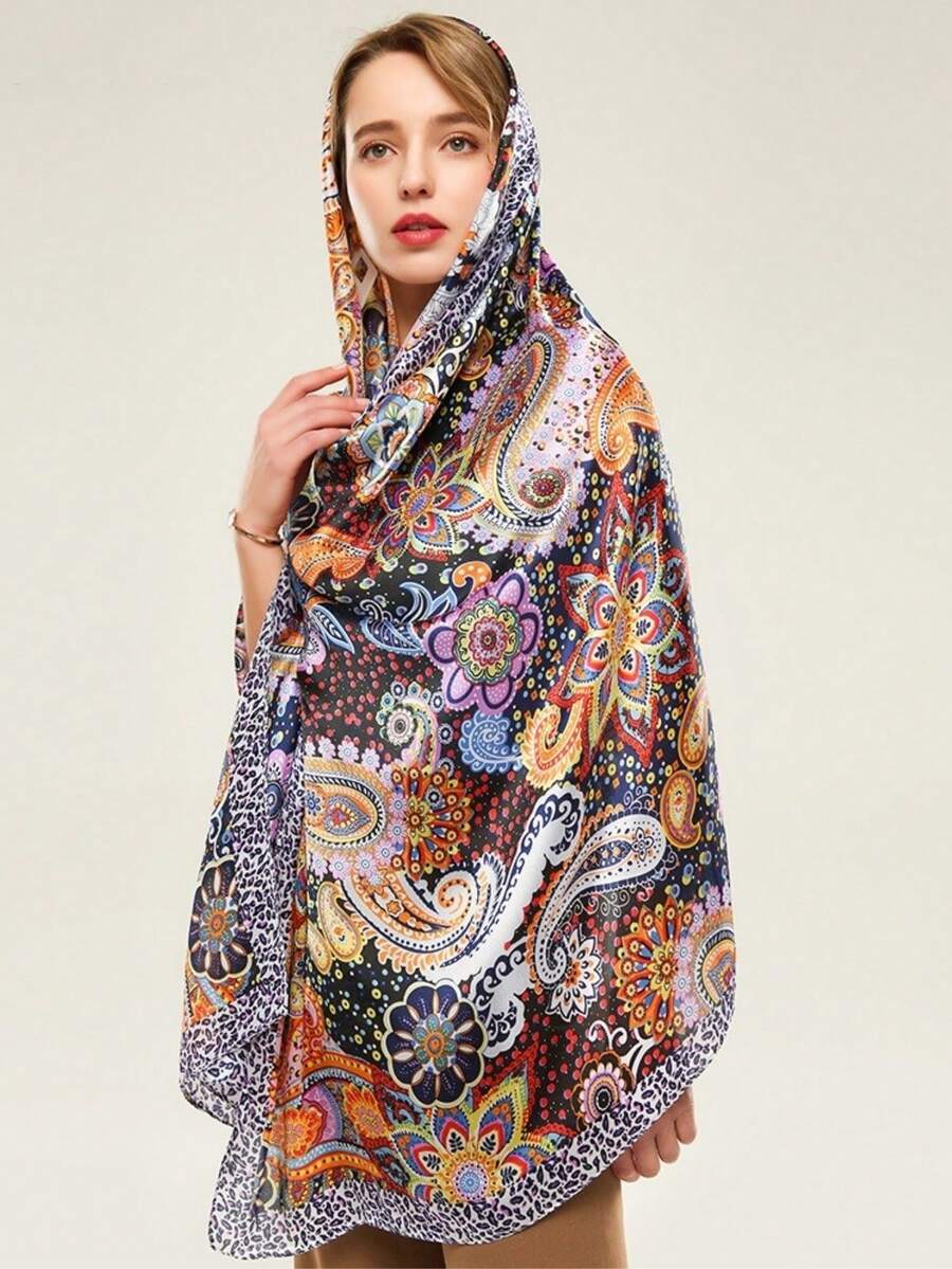 女士印花真丝围巾，复古风夏季沙滩罩衫，真丝颈巾，头巾，优雅百搭，适合晚礼服、旅行、办公、婚礼等场合。 - 彩色 - 查看 1