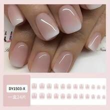 24pcs Short Square Press On Nails, Glossy French Ombre Gradient False Nails, Natural Nude White Fake Nails Kit With Jelly Glue & File - hồng - Xem 10