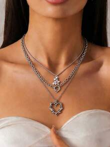 3件套可爱时尚的心形、火焰、星星水钻吊坠项链套装，百搭日常佩戴 - 彩色 - 查看 7