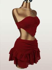 Women's Pleated Tube Top And Mini Skirt Set, Suitable For Concerts And Parties, Summer Fashion - Red - View 3