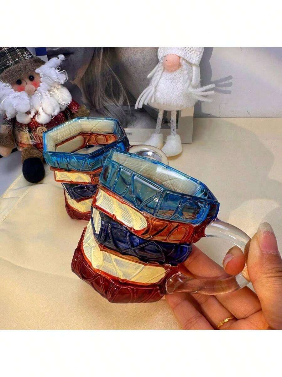 1pc Handpainted Glass Book-Shaped Coffee Mug, Unique Stacked Book Coffee Cup - Multicolor - View 1