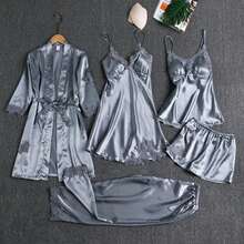 Five-Piece Set - Women's Summer Ice Silk Pajamas, Sexy And Hot, Adult Long-Sleeved Thin Women's Bathrobes For Spring And Autumn, Five-Piece Set, Multi-Color - Bộ sâm panh năm món - Xem 9