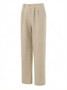Men's Linen Pants Solid Color Pleated Mid Waist Straight Leg Casual Trousers With Pockets For Daily Office - 卡其 - 查看 6