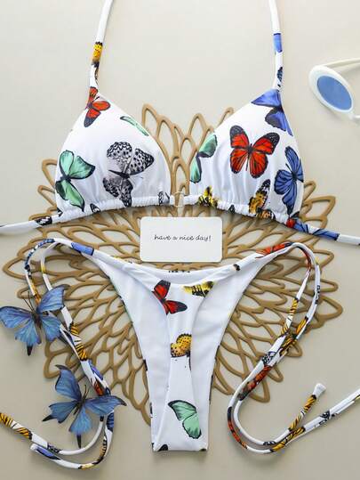 2pcs Butterfly & Insect Print Sexy Backless Tie-Up Women Swimsuit Bikini, Suitable For Vacation, Beach, Stage And Concert, Summer