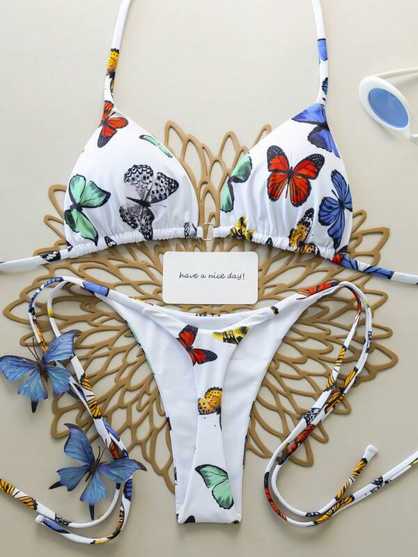 2 piezas Traje de baño de mujer con estampado de mariposa e insecto, con espalda descubierta y atar, adecuado para vacaciones, playa, escenario y concierto, verano