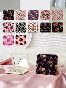 1pc Gothic Style Skull Series Vanity Mirror, Foldable Lightweight Compact Handheld Mirror, Durable PU Leather, Suitable For All Occasions, Portable Pocket Mirror With Classic Skull, Rose, Butterfly, Spider Web, Heart Patterns, 180° Flip Design - Multicolor - View 1