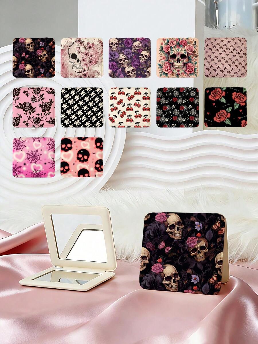 1pc Gothic Style Skull Series Vanity Mirror, Foldable Lightweight Compact Handheld Mirror, Durable PU Leather, Suitable For All Occasions, Portable Pocket Mirror With Classic Skull, Rose, Butterfly, Spider Web, Heart Patterns, 180° Flip Design - Multicolor - View 1