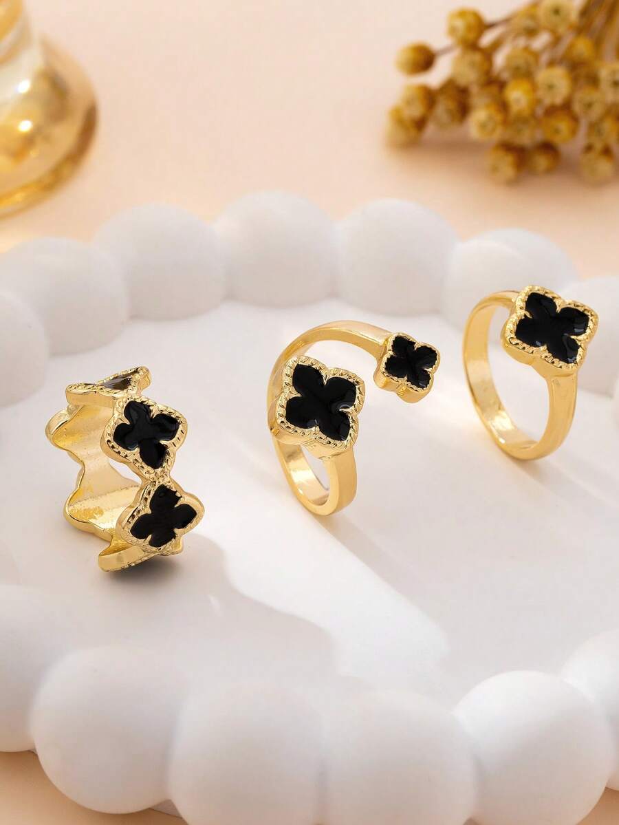 3pcs Alloy Flower Hollow Non-Fading Metal Plated Rings Set - Black - View 1