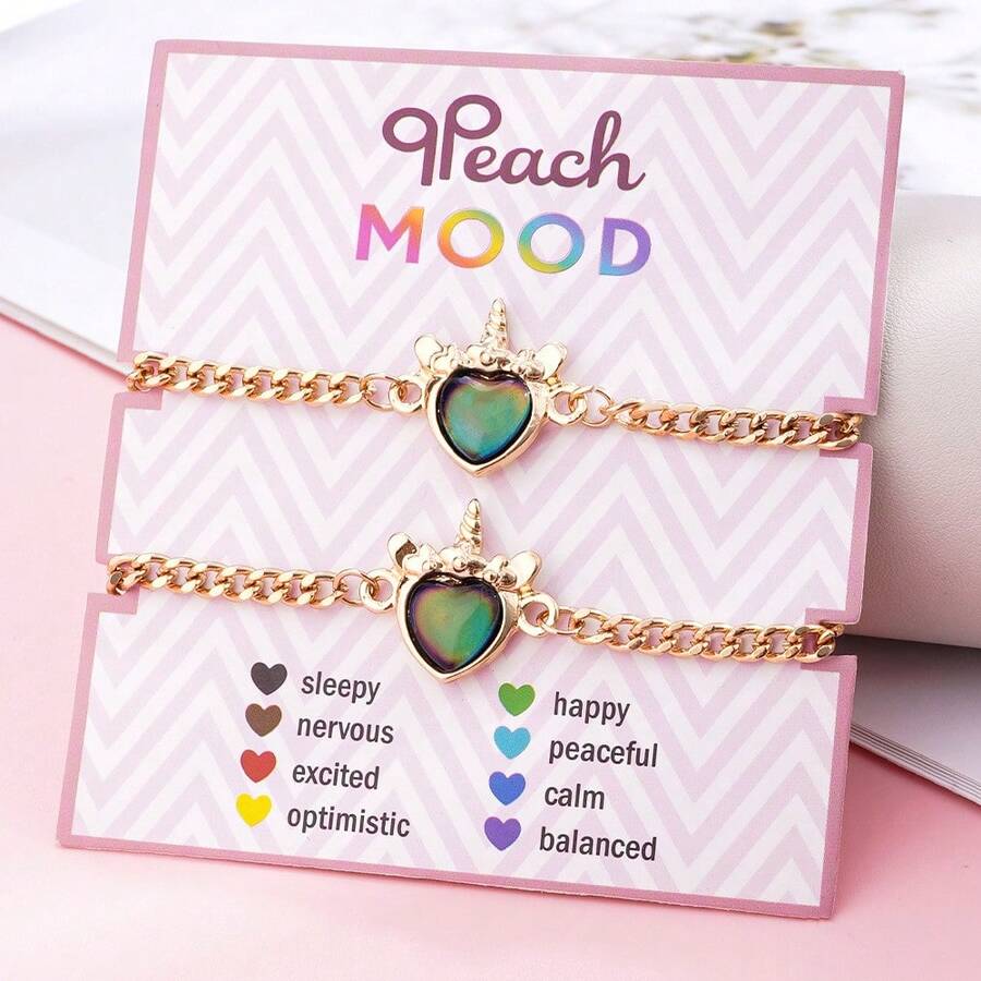2pcs/Set Women Temperature Sensitive Color Changing Cat Unicorn Heart Pendant Necklace & Ring Jewelry Set, Year Of The Horse Gift For Girlfriend/Best Friend - kỳ lân - Xem 1