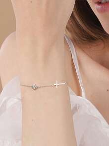 Adjustable S925 Silver Cross & Rhinestone Bracelet, Shiny French Luxury, Gift For Valentine's Day, Birthday, Mother's Day, Comes With Gift Box
