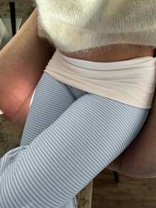 Sunny Girly Striped Straight Leg Pants, White Ruffled Waist, Women's Summer Back To School, Valentine's Day Street Commute & Loungewear - Baby Blue - View 8