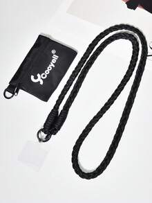 1 Set Black Woven Nylon Phone Lanyard Strap + Square Pouch Wallet Coin Purse Earphone Card Holder, Unisex - Black Braided Long Rope + Square Bag - View 7