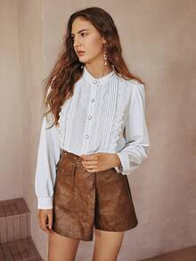 Women's Spring New Lace Trim Front Button Elegant Long Sleeve Blouse - White - View 3