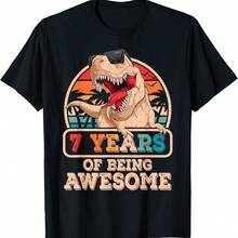 7 Years Awesome T Rex Dinosaur 7th Birthday Dino Bo T-Shirt - 綠色 - 查看 1